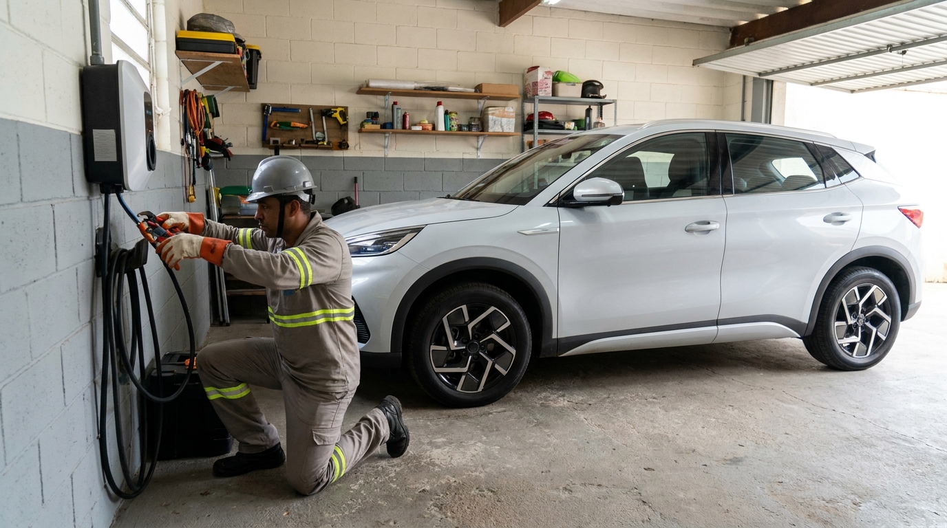 Eletricista instalando carregador de carro eletrico em Londrina‑PR