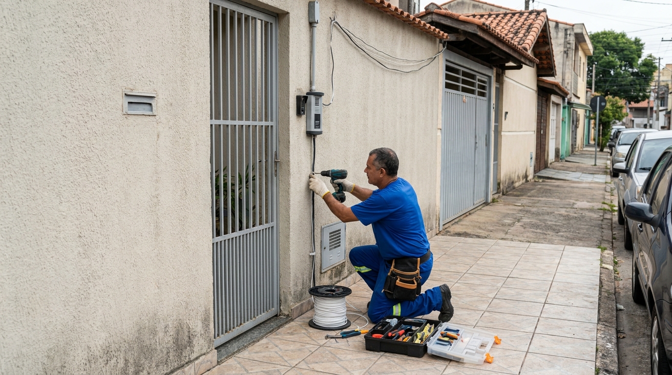 Eletricista instalando interfone em Londrina‑PR